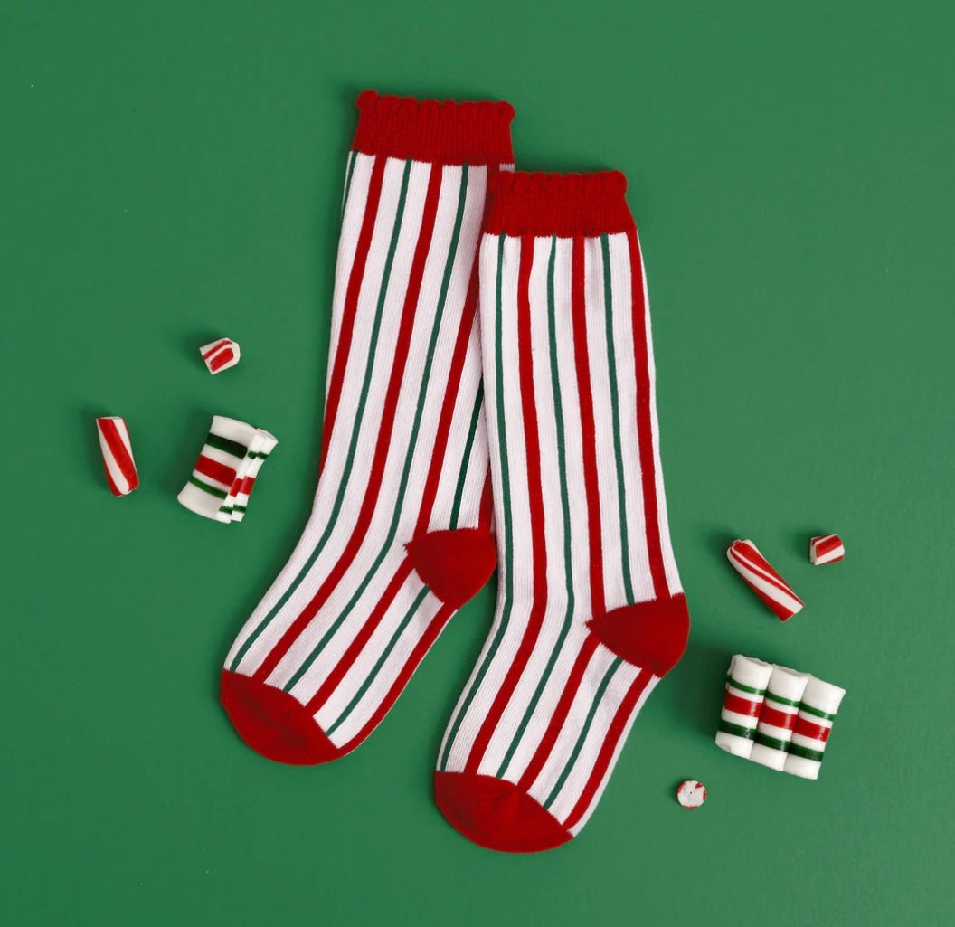 Candy Cane Striped Scalloped Knee High Socks