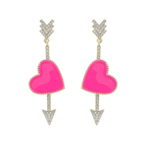 Cupids Arrow Heart Drop Earrings - Pink