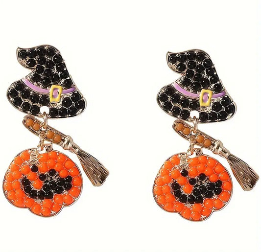 Witch & Jack-O-Lantern Seed Bead Earrings