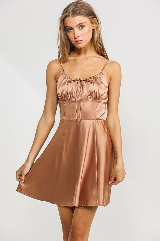 Satin Bow Dress - Mocha