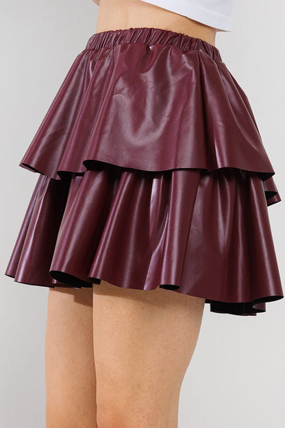 Carrie Tier Pleather Skirt - Burgundy