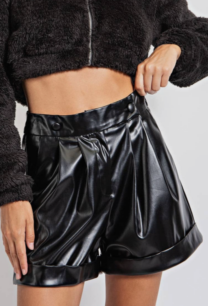 Pleated Black Leather Shorts