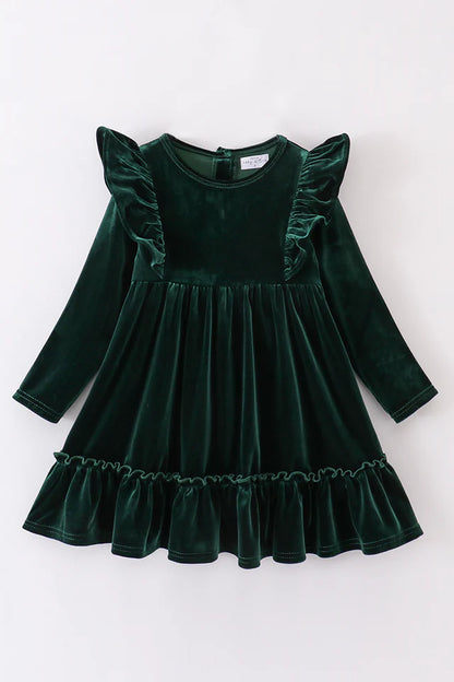 Christmas Tree Green Velvet Ruffles Twirl Dress