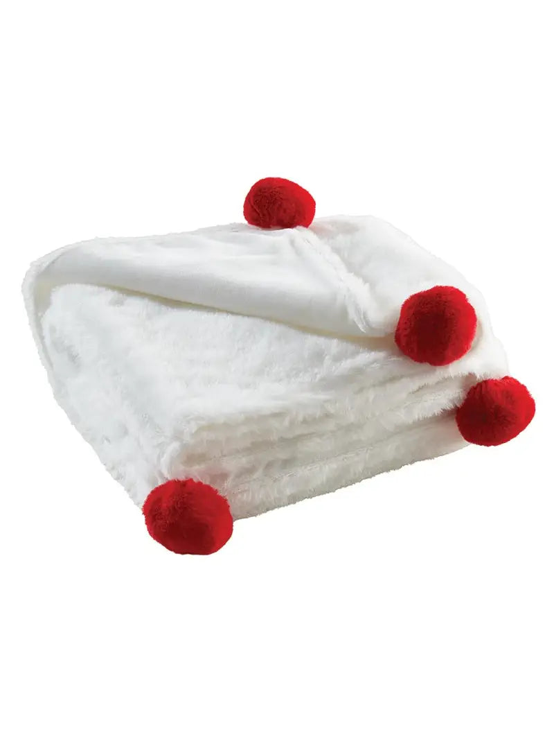 White and Red Plush Pom Pom Blanket