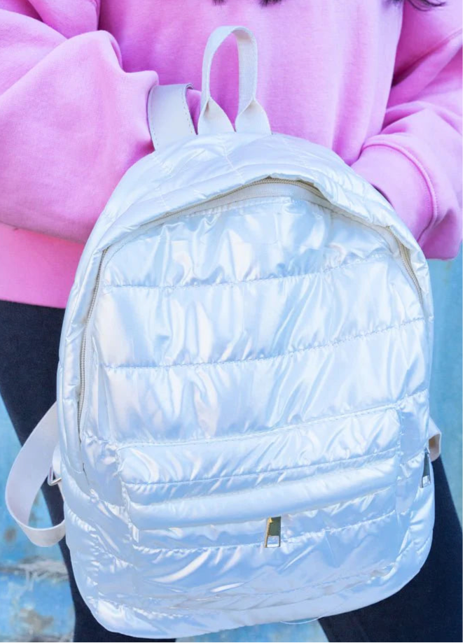 Metallic Puffer Backpack - White