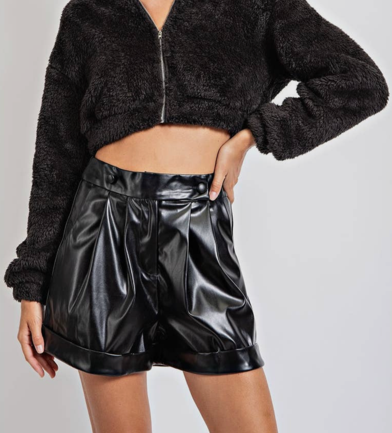 Pleated Black Leather Shorts