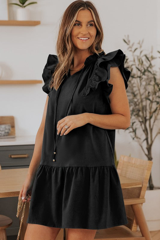 Jackie Front Tie Flutter Sleeve Dress - Black