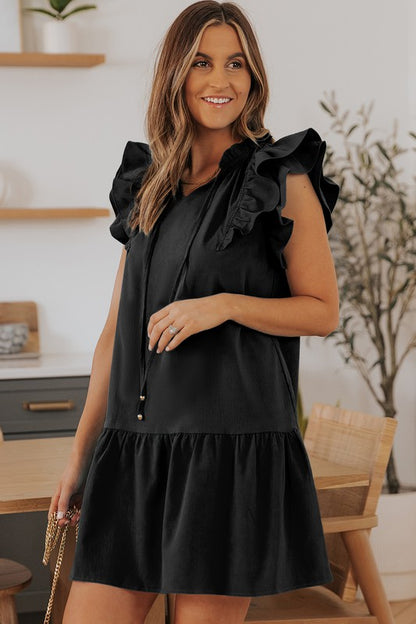 Jackie Front Tie Flutter Sleeve Dress - Black