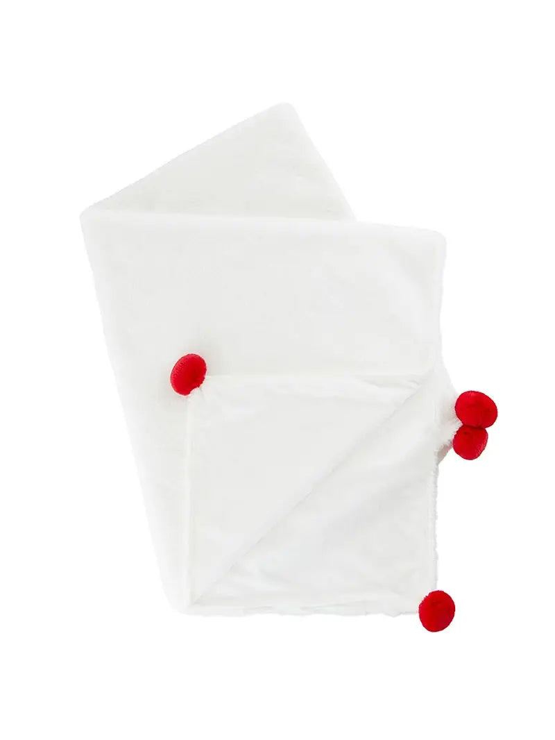 White and Red Plush Pom Pom Blanket