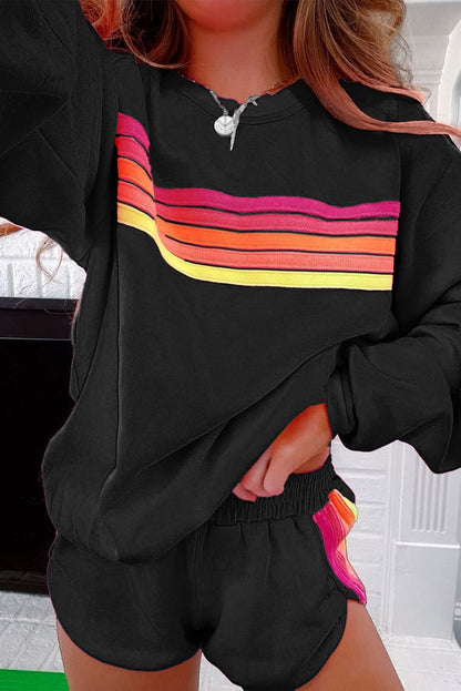 Black Multicolor Stripe Sweat Set